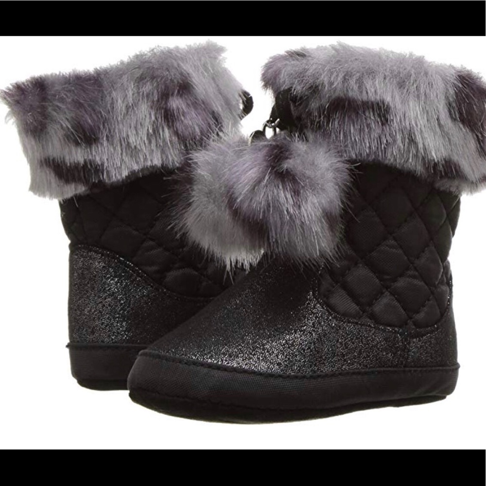 Stuart Weitzman Infant Baby Quilted Sparkle Fur Pom Pom Boots NIB 🖤🩶